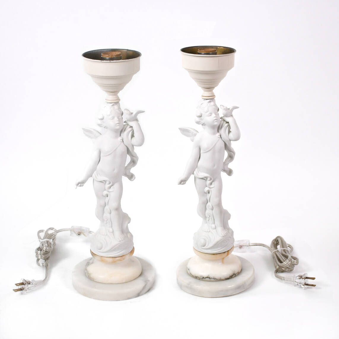 Pair of Bisque Cherub Lamps on Marble Base