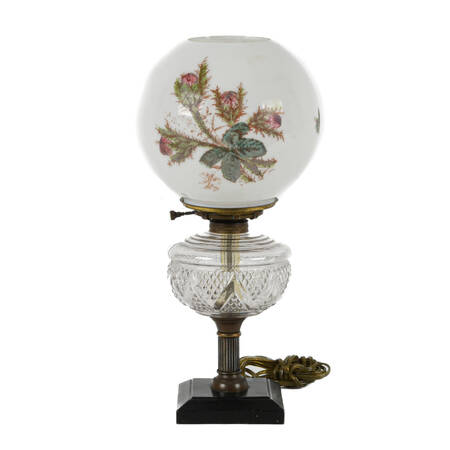 Antique Electrified Rose Globe Oil Lamp on Wooden Base