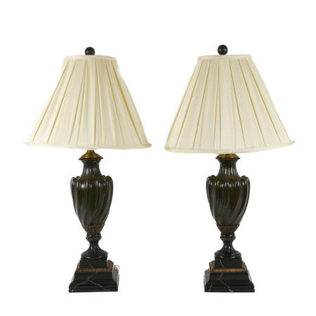 Painted Pair of Green Wooden Lamps with Shades
