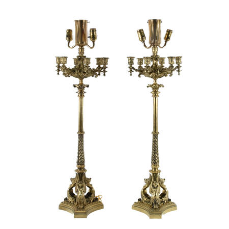 Antique Pair of Bronze Neo-Gothic Candelabra Lamps with Sphinx and Satyrs