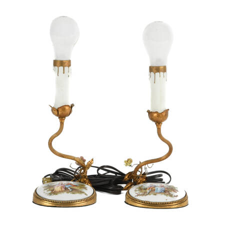Pair of French Gilt Brass and Porcelain Medallion Table Lamps