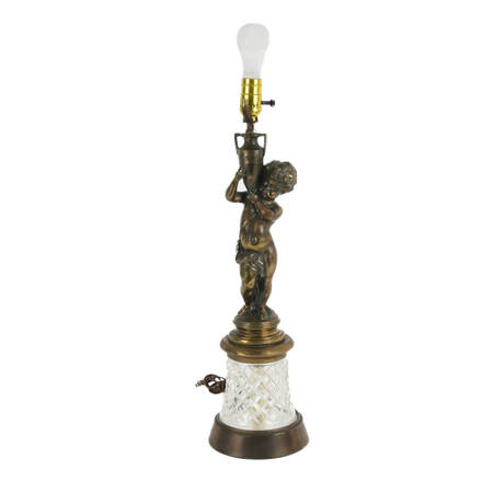 Cast Metal Cherub and Crystal Lamp