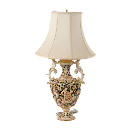 Vintage Italian Capodimonte Ceramic Lamp with Figural Details and Shade