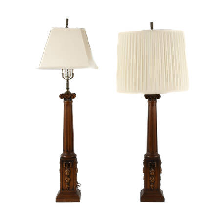 Matched Pair Walnut Carved and Floral Corinthian Colum Table Lamps