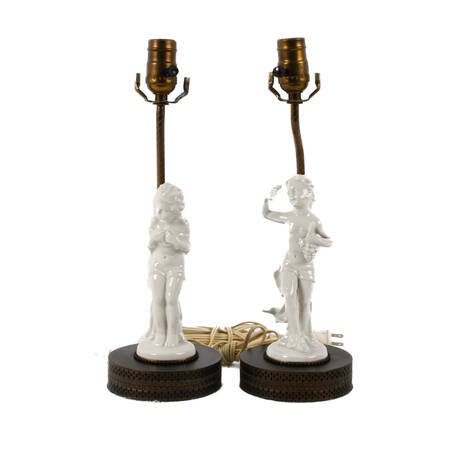 Antique Pair Figural White Glazed Porcelain Lamps