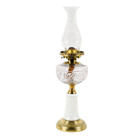 Antique Victorian Milk Glass, Crystal, and Brass Oil Lamp