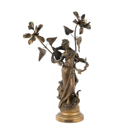 Antique Spelter After Louis Moreau Erato "Muse Champetre" Newel Post Lamp