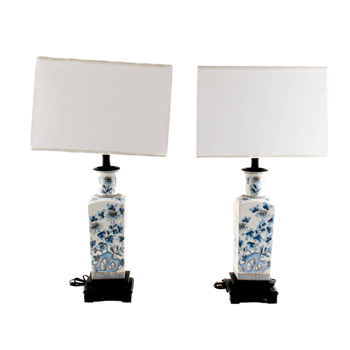 Pair of Blue and Gold Chinoiserie Urn Table Lamps with Shades