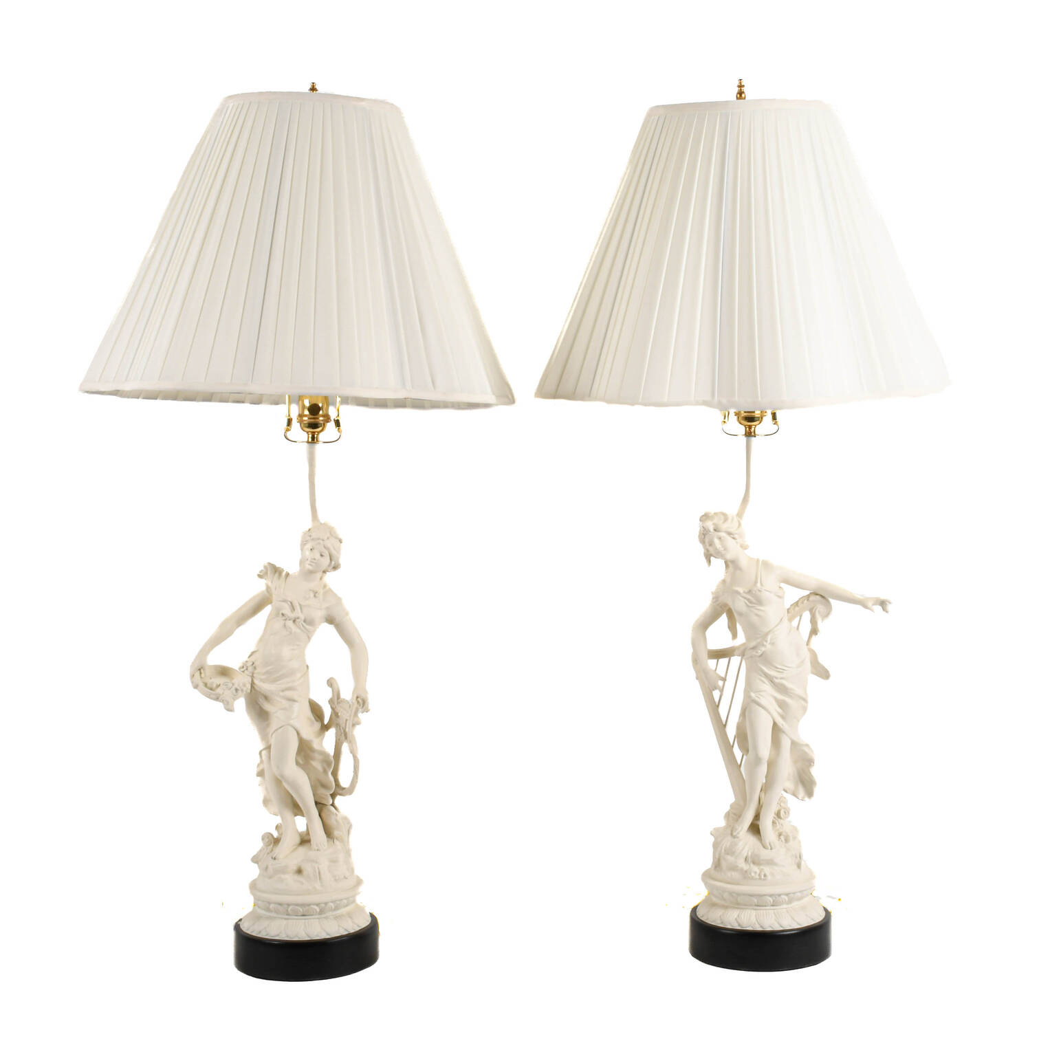 Pair of French Spelter Muse Statue Table Lamps After Moreau
