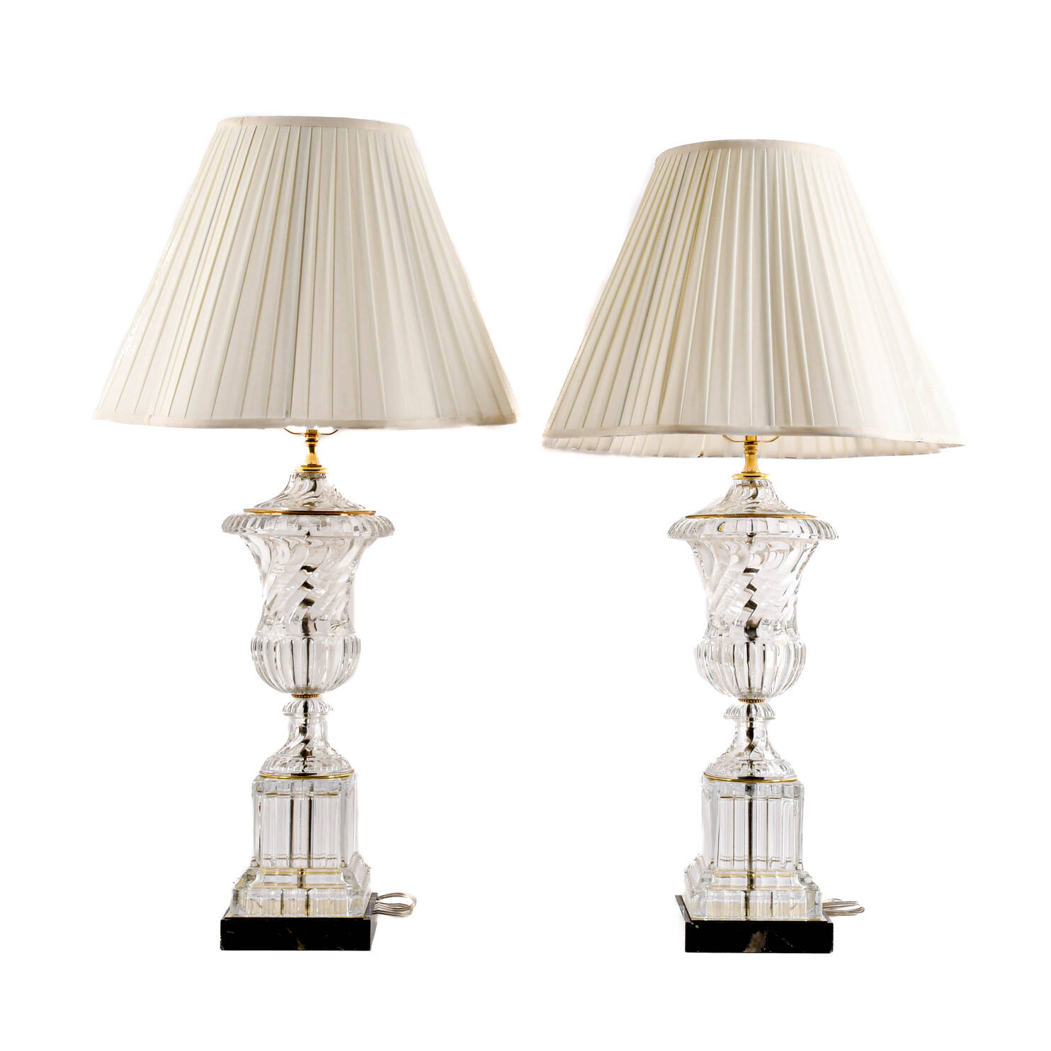 Pair of Baccarat-Style Crystal Urn Table Lamps on Marble Bases