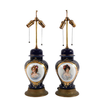 Pair of Art Deco Portrait Lamps on Wood Bases