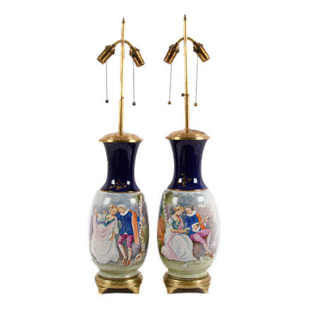 Antique Sèvres Pair of Porcelain Courting Couple Table Lamps