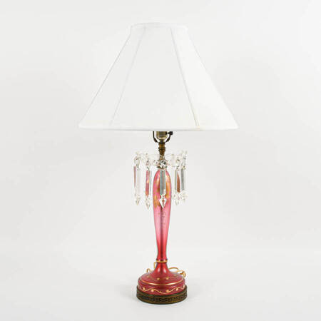 Cranberry Art Glass Lamp with Crystal Bobeche