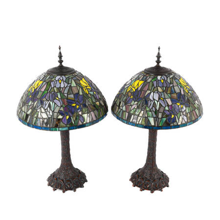 Pair Stained-Glass Symphony Lamps Painted Bronze