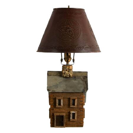 Hand-Crafted Folk Art Cabin Table Lamp with Pierced Metal Shade