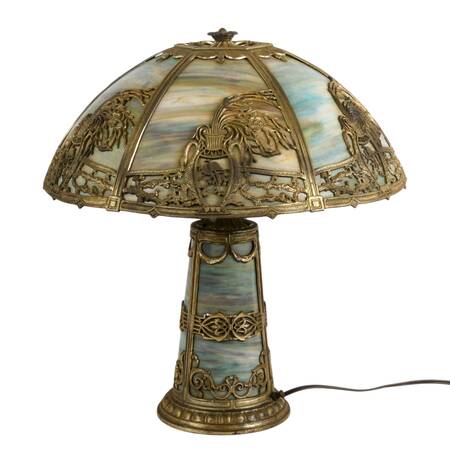 Antique Bradley & Hubbard School Lighted Base Slag Glass Table Lamp