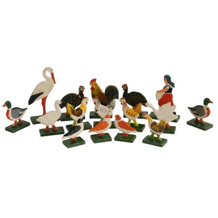 Sixteen Piece Set of German Erzgebirge Wooden Avian Farm Figures