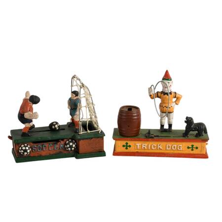 Set of Two Vintage "Soccer" and "Trick Dog" Cast Iron Coin Banks