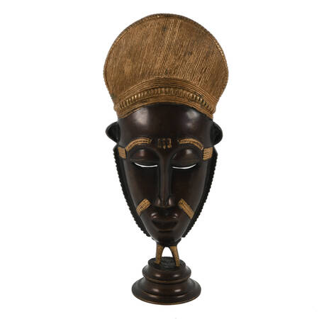 Metal Ivory Coast Baule Mask on Pedestal Base