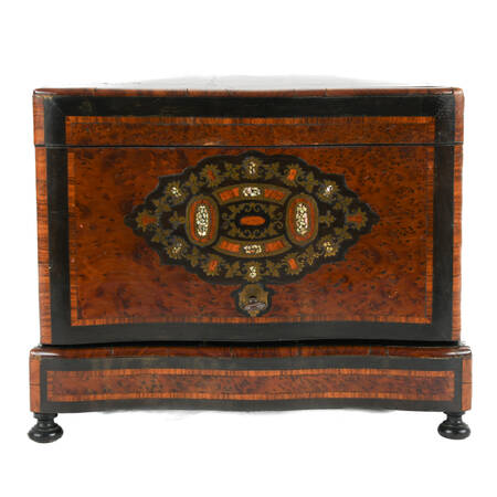 Antique French Liquor Tantalus Burlwood Medallion Inlay Bar Box Set