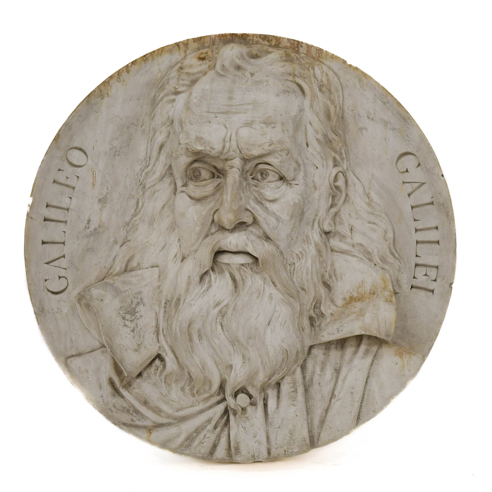 Antique Oversized Carved Roundel Plaster Relief of Galileo Galilei