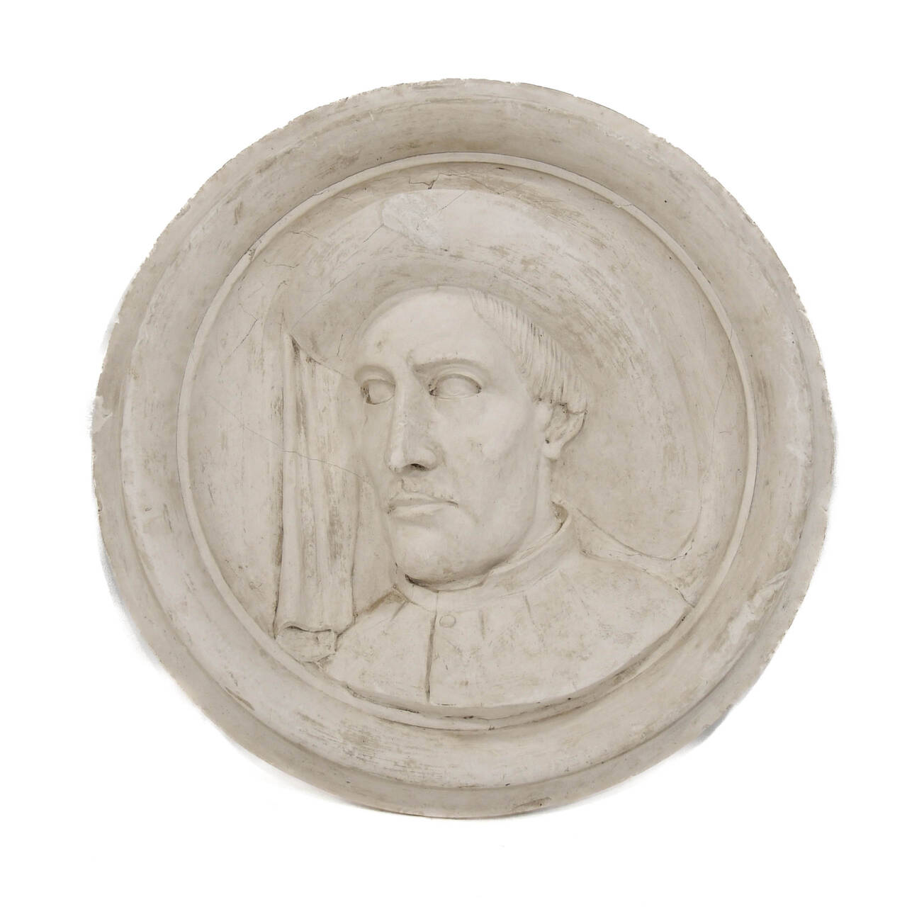 Antique Oversized Carved Roundel Plaster Relief of a Scholarly Man