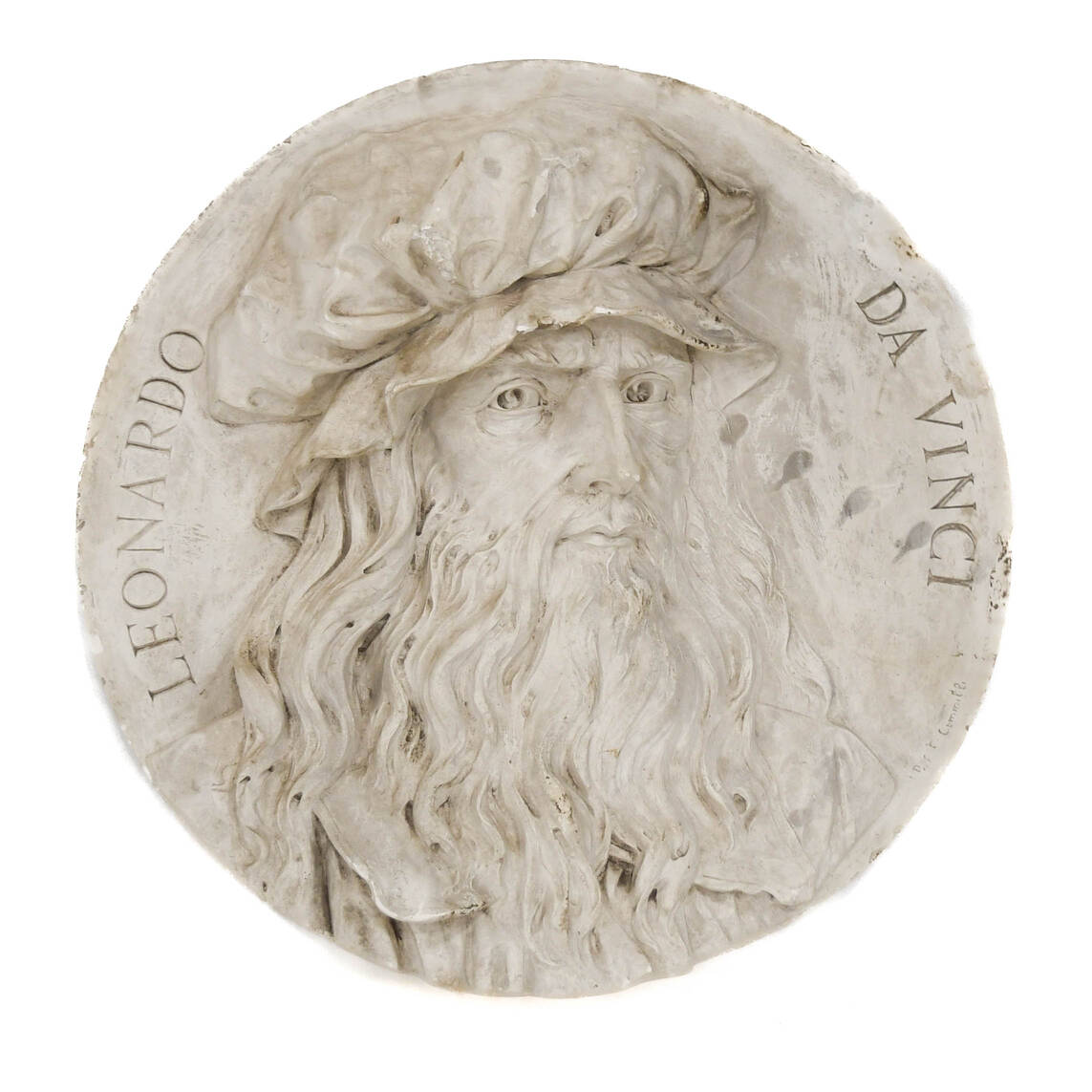 Antique Oversized Carved Roundel Plaster Relief of Leonardo da Vinci
