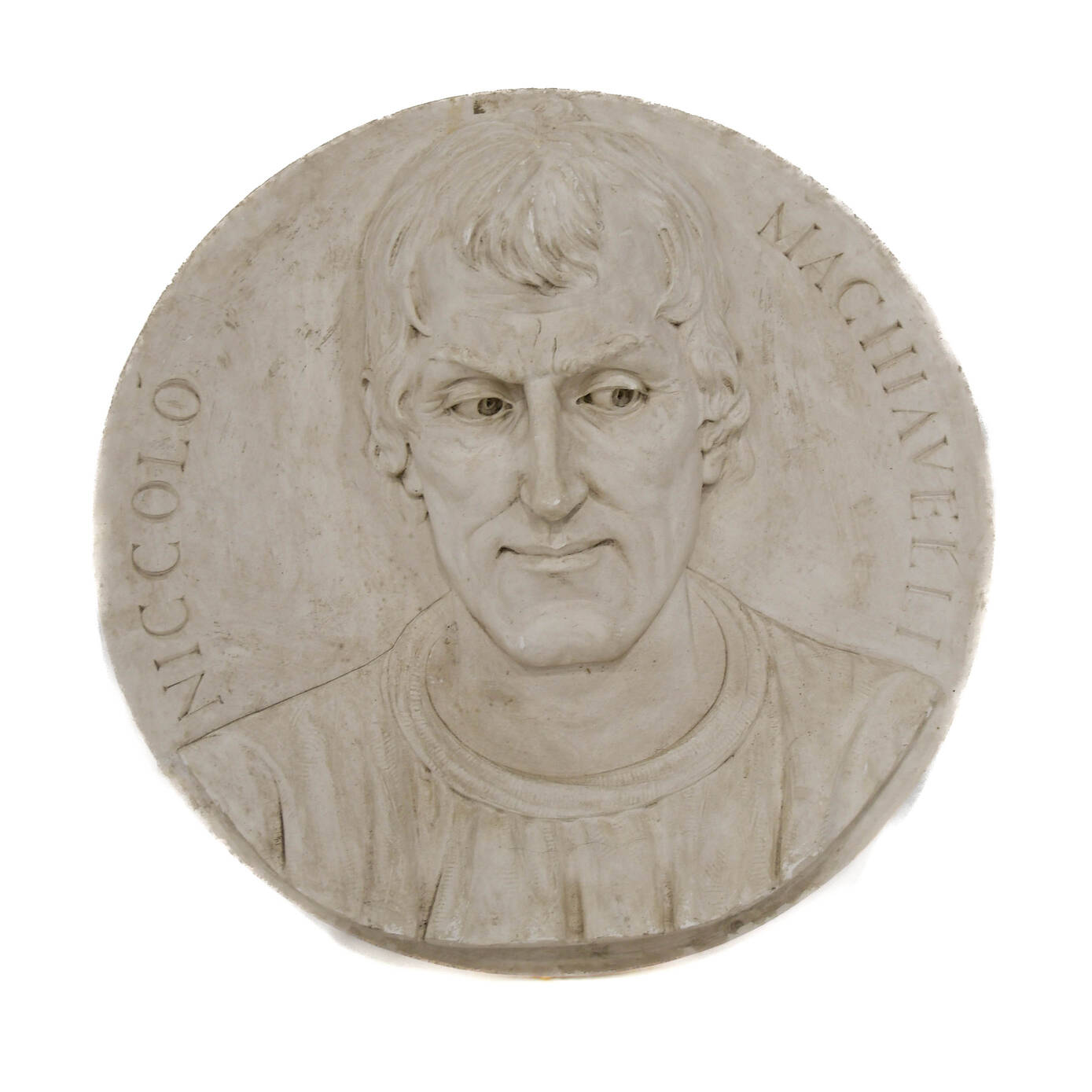 Antique Oversized Carved Roundel Plaster Relief of Niccolò Machiavelli