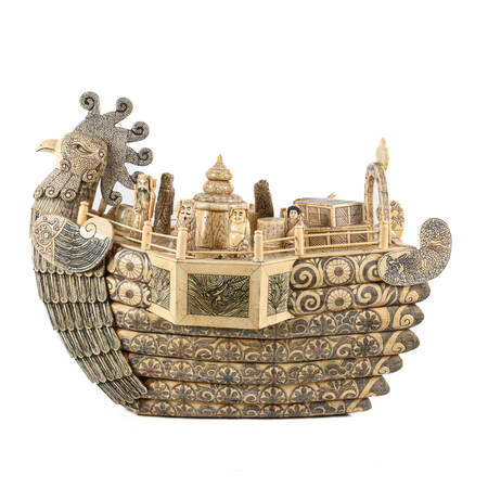Large Bone Carved Chinese Junk Boat