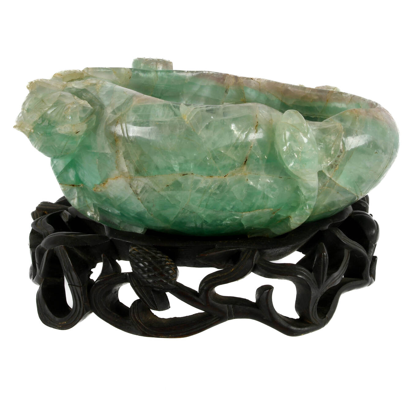 Chinese Lotus Flower Form Fluorite Brush Washer on Wood Base