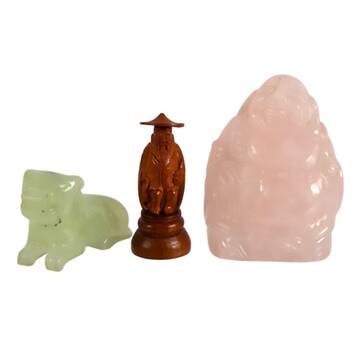 Chinese Carved Items Including Fruit Pit, Rose Quartz and Xiu Jade