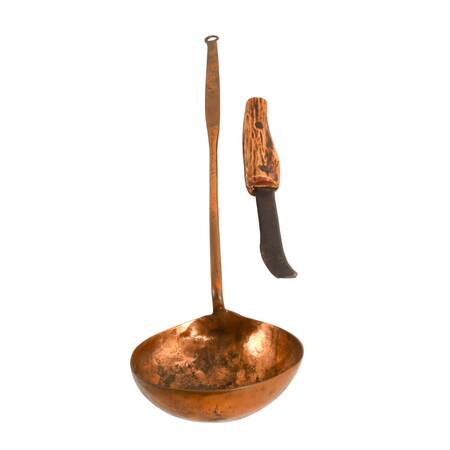 Two Antique Hand Tooled Items: Copper Spoon and Burdizzo Farrier Hoof Knife