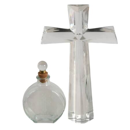 Pair of Glass Religious Items Including Etched Holy Water Flask