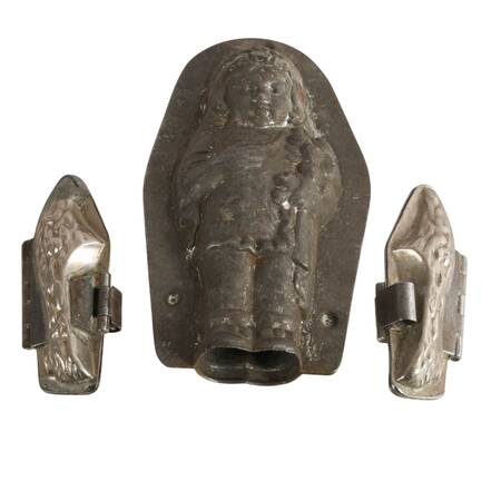 Trio of Antique German Chocolate Molds Including Girl and Two Clog Shoes