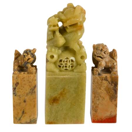 Trio of Chinese Imperial Lions Carved Soapstone Seals