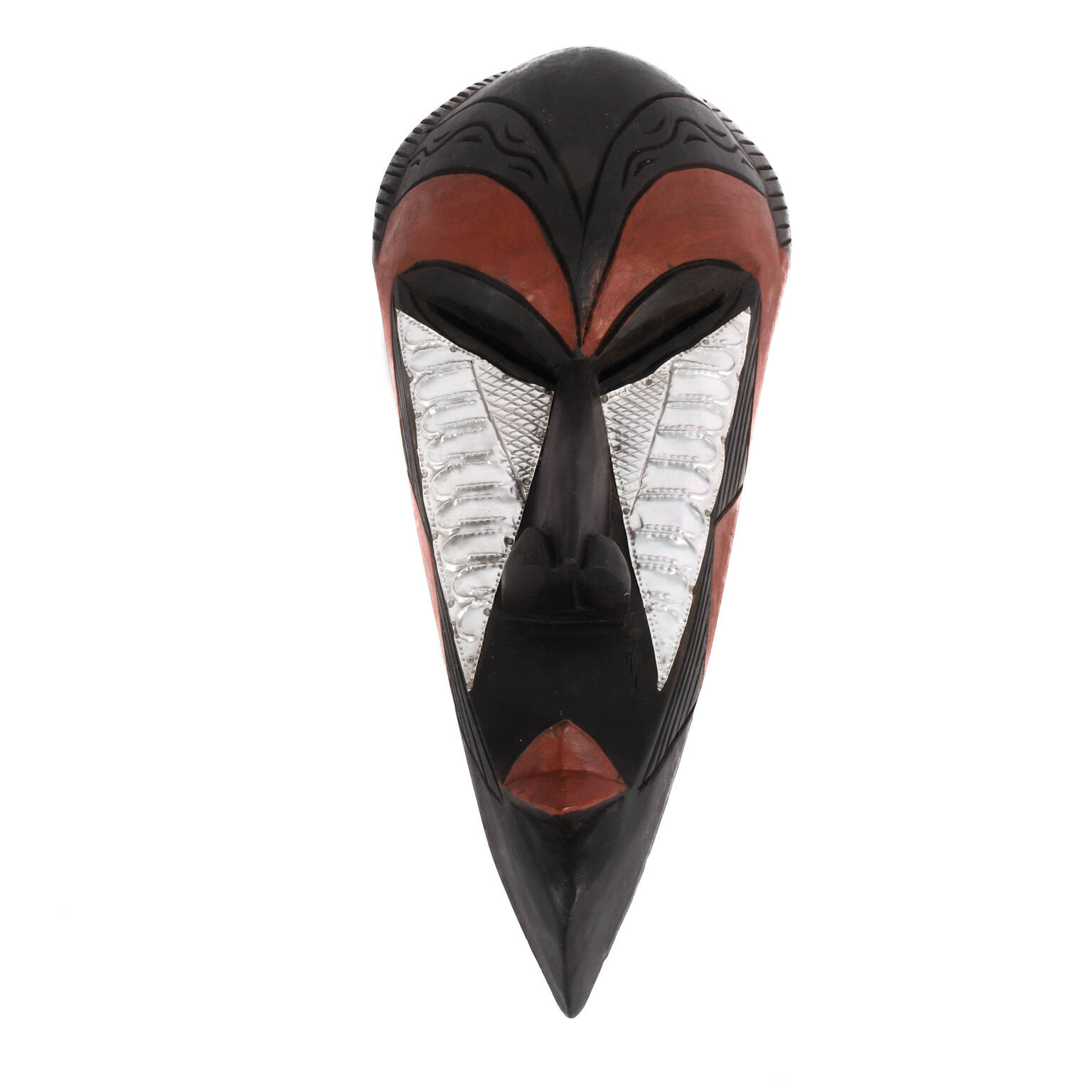 Ghanaian Hand-Carved Elongated Wood Mask with Tin Inset