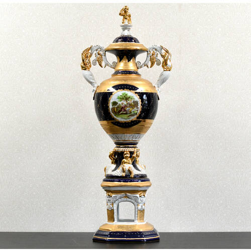 L. F. Limoges PRC "The Lover's Crowned" Cobalt & Gilt Porcelain Lidded Urn