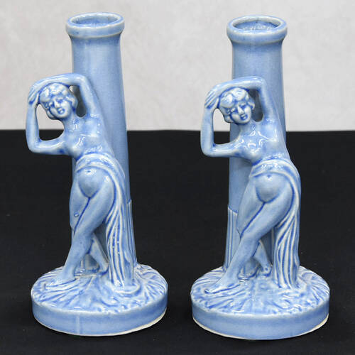 Art Deco Cornflower Blue Dancing Nymphs Porcelain Vases