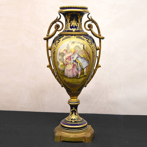 Antique Sèvres-Style Hand-Painted Lovers View Urn on Bronze Base