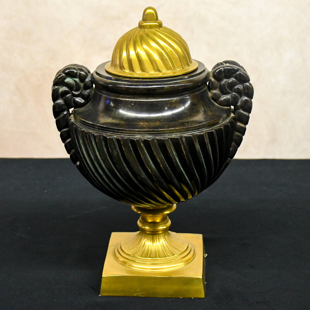 Classical Brass and Black Strigulated Covered Urn