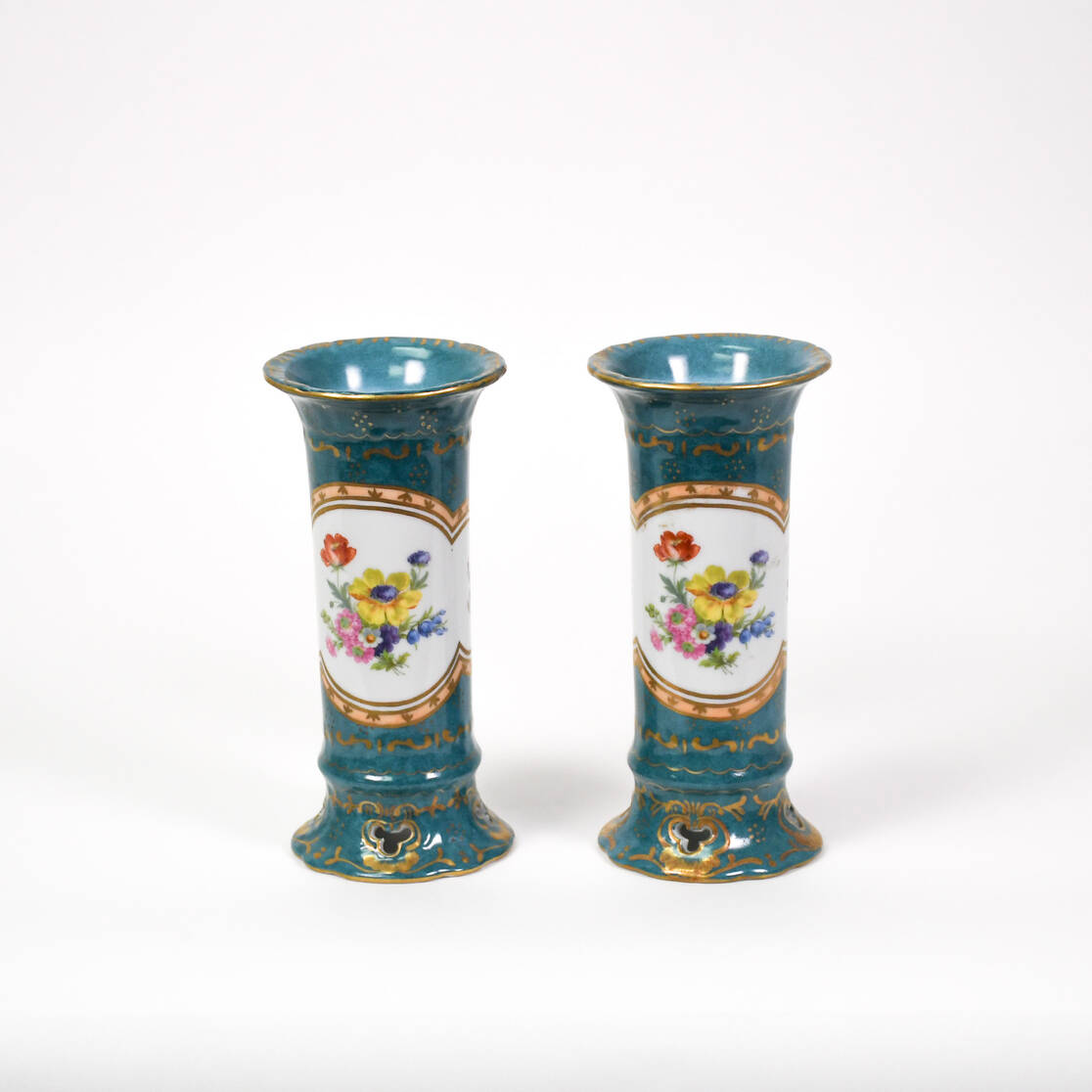 Antique Pair of Elios H.F. Peint Main Porcelain Floral Vases