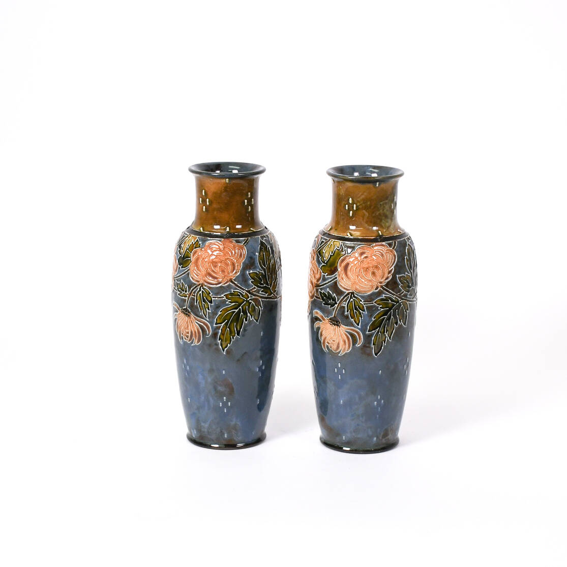 Pair of Royal Doulton Lambeth Stoneware Chrysanthemum Vases