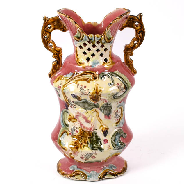 Antique Pink Majolica Two-Handled Floral Vase
