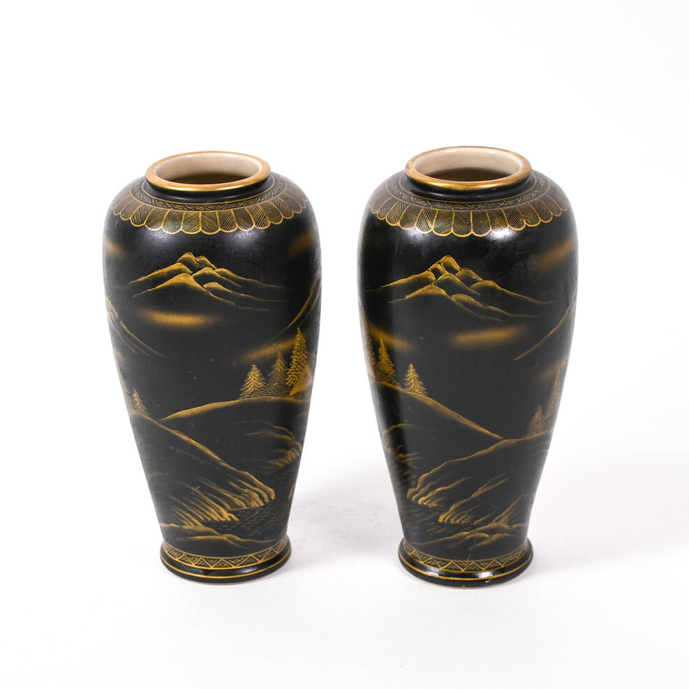 Antique Pair of Uchida Black and Gold Satsuma Vases