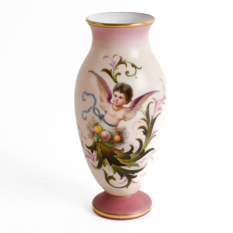 Antique Signed Pink Cased Glass Signed Cherub Vase