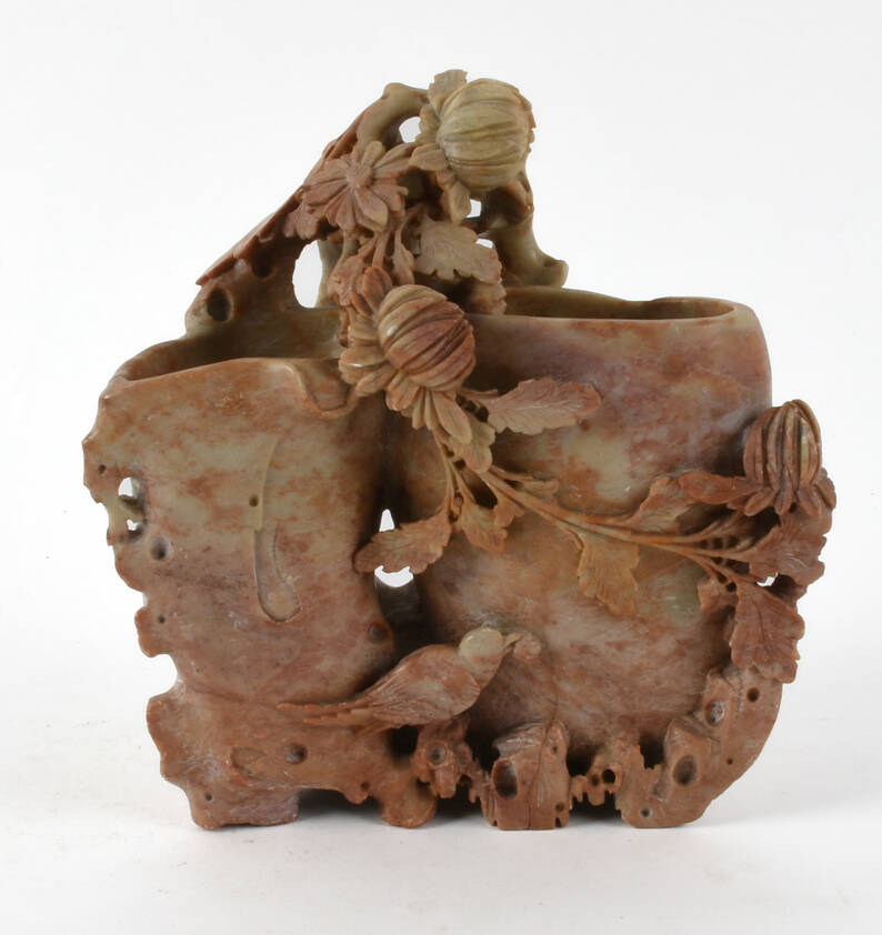 Antique Carved Floral and Bird Soapstone Vase