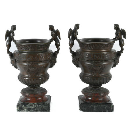 Antique Pair of Urns with Sphinx Handled Bronzes on Marble Base
