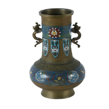 Antique Japanese Enameled Dragon Handle Champlevé Vase