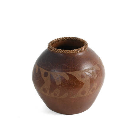 Terracotta Red and Brown Pot with Woven Rim