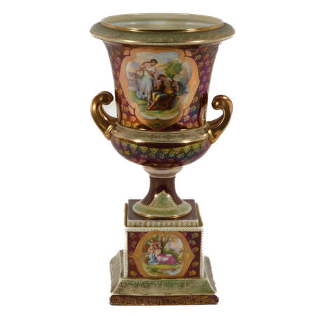 Antique Gilt Detail Garden Scenes Urn on Pedestal